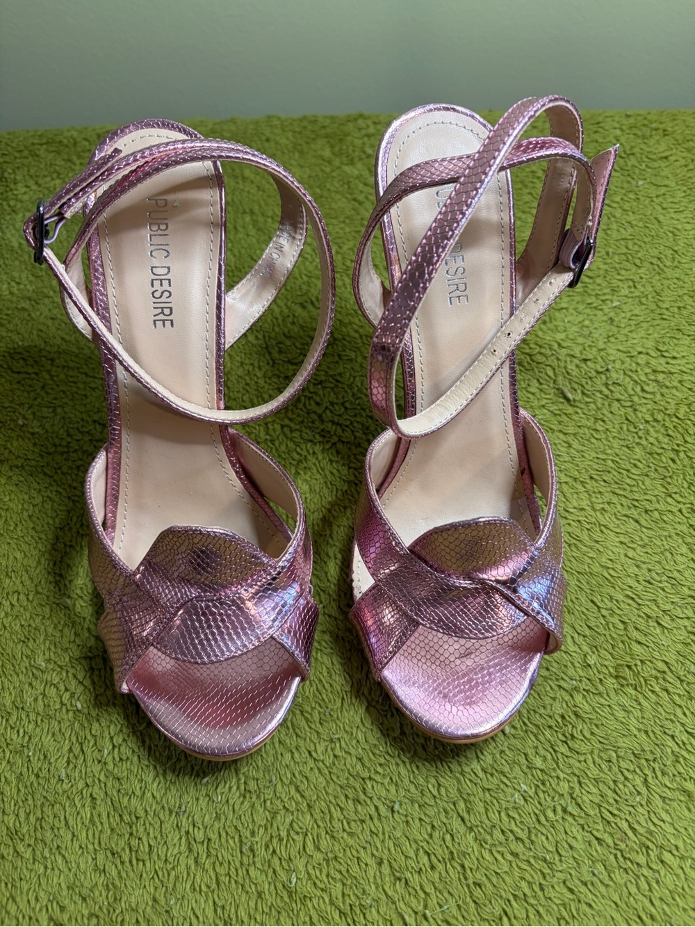 Public Desire Metallic Pink Snake-Effect Strappy Heels
